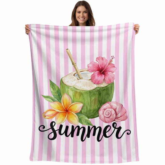 Throw Blanket Summer Coconuts Blankets and Throws, Shell Flower Pink Stripes Blanket for Couch Bed Sofa Chair, Soft Cozy Warm Flannel Fleece Blankets for All Season Home Decor 40x50 Inch