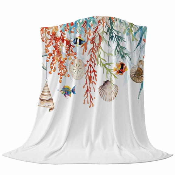 Throw Blanket Summer Colorful Coral Shell Conch,Warm Soft Lightweight Flannel Fleece Blankets Sea Starfish Fish Marine Life,Microfiber Throws for Bed Sofa Couch Camping All Seasons Use 30x40In