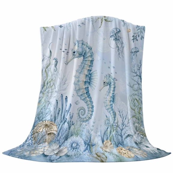 Throw Blanket Summer Marine Seahorses,Warm Soft Lightweight Flannel Fleece Blankets Blue Corals Jellyfish Starfish,Microfiber Throws for Bed Sofa Couch Camping All Seasons Use 30x40In