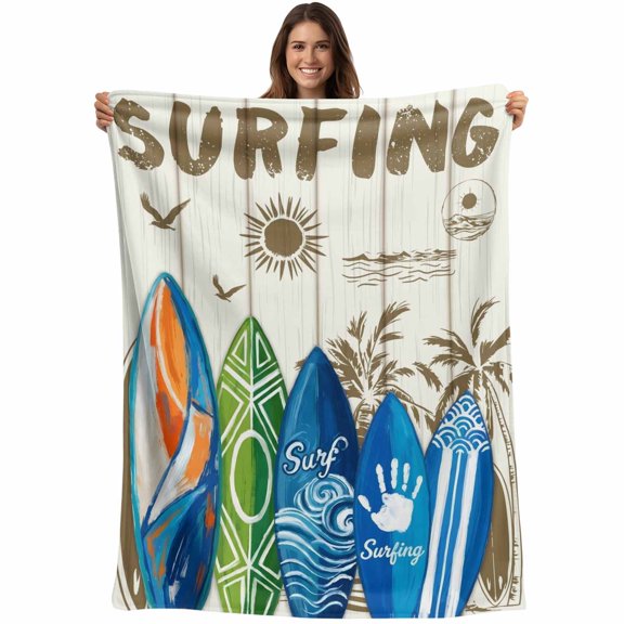 Throw Blanket Summer Surfing Blankets and Throws, Beach Palm Tree Wood Grain Blanket for Couch Bed Sofa Chair, Soft Cozy Warm Flannel Fleece Blankets for All Season Home Decor 40x50 Inch