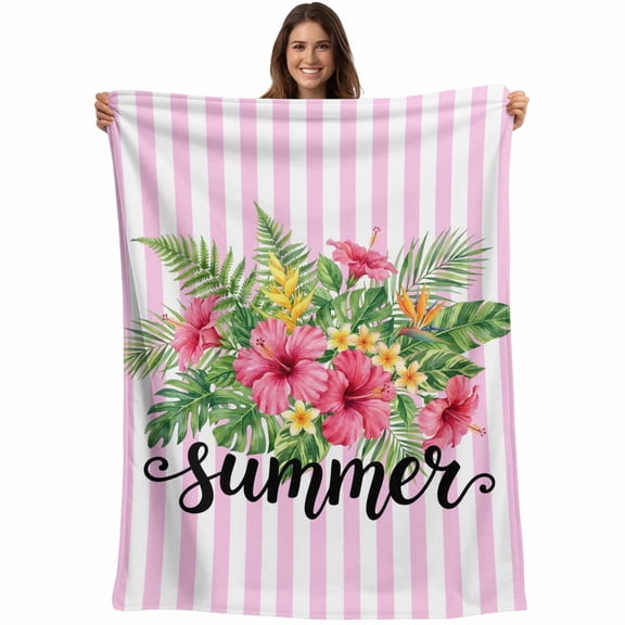 Throw Blanket Summer Tropical Flower Blankets and Throws, Pink Stripes Blanket for Couch Bed Sofa Chair, Soft Cozy Warm Flannel Fleece Blankets for All Season Home Decor 40x50 Inch