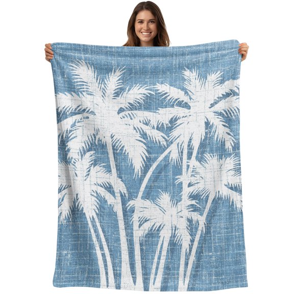 Throw Blanket Summer Tropical Palm Leaves Blankets and Throws, Coastal Blue Linen Blanket for Couch Bed Sofa Chair, Soft Cozy Warm Flannel Fleece Blankets for All Season Home Decor 40x50 Inch