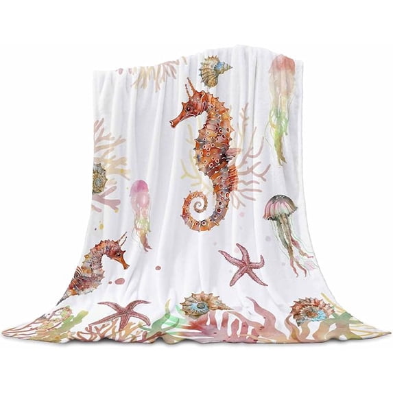 Throw Blanket Summer Watercolor Starfish Jellyfish Seahorse Soft Flannel Blanket Warm Fleece Lap Blanket For Couch, Sofa, Bed Lightweight Bed Blanket 60" x 80"
