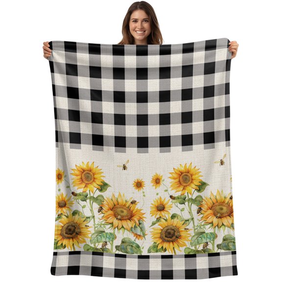 Throw Blanket Sunflower Bee Blankets and Throws, Black Buffalo Plaid Check Linen Blanket for Couch Bed Sofa Chair, Soft Cozy Warm Flannel Fleece Blankets for All Season Home Decor 50x60 Inch