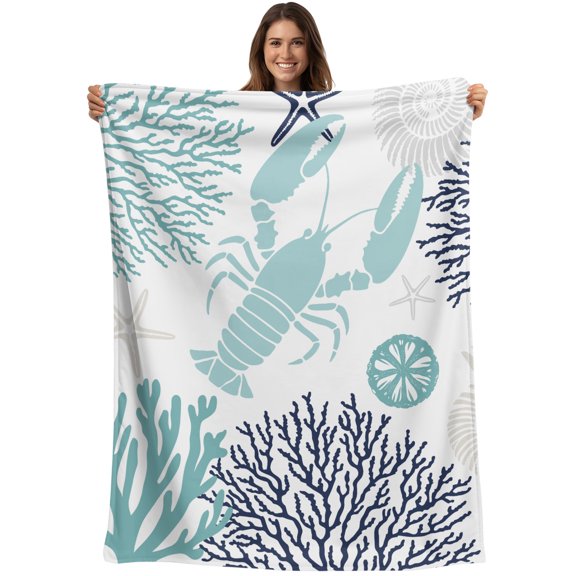 Throw Blanket Teal Lobster Blankets and Throws, Coral Starfish Shell Blanket for Couch Bed Sofa Chair, Soft Cozy Warm Flannel Fleece Blankets for All Season Home Decor 50x60 Inch