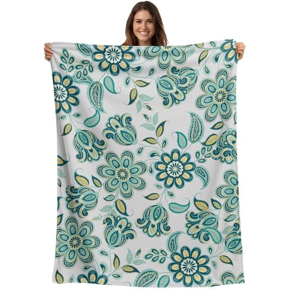 Throw Blanket Teal Paisley Pattern Blankets and Throws, Boho Abstract Floral Blanket for Couch Bed Sofa Chair, Soft Cozy Warm Flannel Fleece Blankets for All Season Home Decor 40x50 Inch