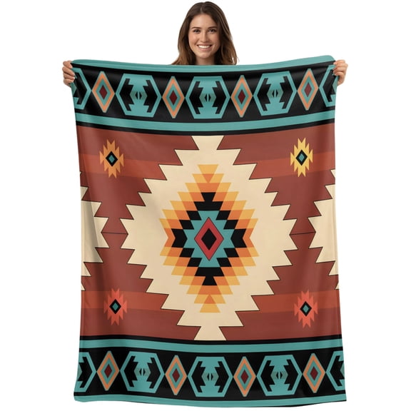 Throw Blanket Teal Red Tribal Geometric Blankets and Throws, Vintage Boho Native Abstract Blanket for Couch Bed Sofa Chair, Soft Cozy Warm Flannel Fleece Blankets for All Season Home Decor 40x50 Inch