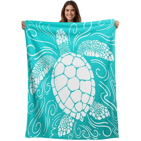 Throw Blanket Teal Sea Turtle Blankets and Throws, Coastal Marine Life Waves Blanket for Couch Bed Sofa Chair, Soft Cozy Warm Flannel Fleece Blankets for All Season Home Decor 40x50 Inch