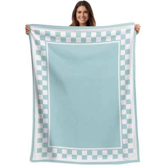 Throw Blanket Teal Squares Blankets and Throws, Modern Block Checkered Border Blanket for Couch Bed Sofa Chair, Soft Cozy Warm Flannel Fleece Blankets for All Season Home Decor 40x50 Inch