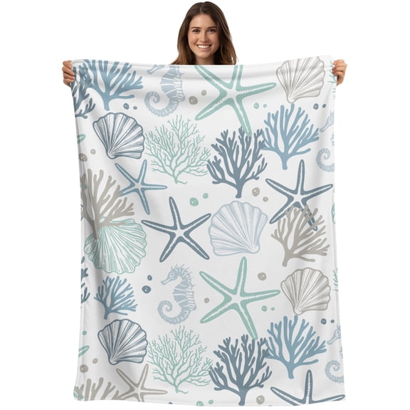 Throw Blanket Teal Starfish Blankets and Throws, Shell Coral Marine Life Blanket for Couch Bed Sofa Chair, Soft Cozy Warm Flannel Fleece Blankets for All Season Home Decor 40x50 Inch