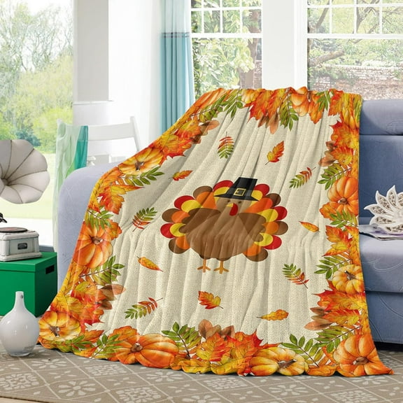 Throw Blanket- Thanksgiving Turkey Soft Warm Plush Fleece Bed Throw,60x80In Flannel Blankets Farm Harvest Pumpkins Autumn Leaf Bedding Throws for Women/Men Bedroom Living Room Office Retro Linen
