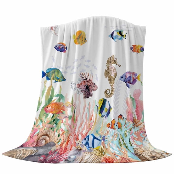 Throw Blanket Tropical Ocean Colored Fish,Warm Soft Lightweight Flannel Fleece Blankets Coral Shell Seaweed,Microfiber Throws for Bed Sofa Couch Camping All Seasons Use 30x40In