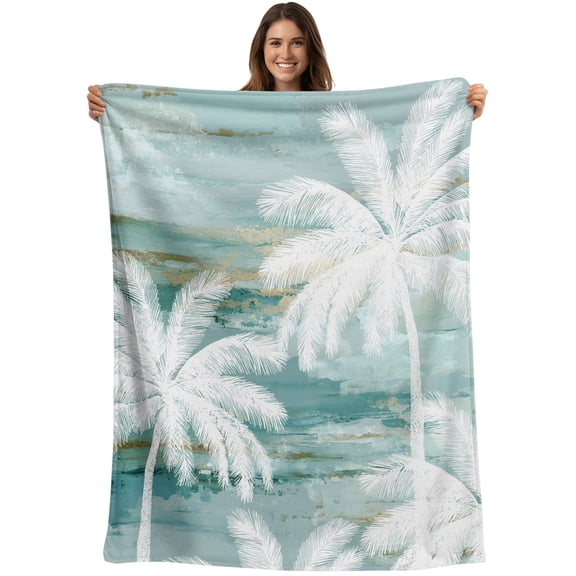 Throw Blanket Tropical Palm Trees Blankets and Throws, Summer Coastal Teal Blanket for Couch Bed Sofa Chair, Soft Cozy Warm Flannel Fleece Blankets for All Season Home Decor 40x50 Inch