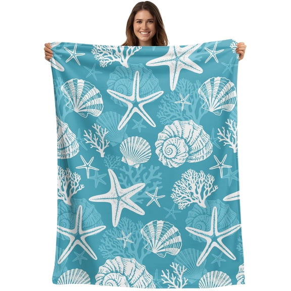 Throw Blanket Turquoise Coastal Marine Life Blankets and Throws, Starfish Shell Conch Blanket for Couch Bed Sofa Chair, Soft Cozy Warm Flannel Fleece Blankets for All Season Home Decor 40x50 Inch