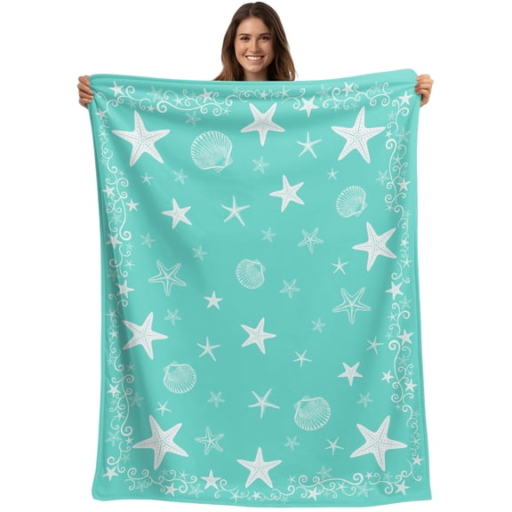 Throw Blanket Turquoise Starfish Shell Blankets and Throws, Coastal Star Ocean Blanket for Couch Bed Sofa Chair, Soft Cozy Warm Flannel Fleece Blankets for All Season Home Decor 40x50 Inch