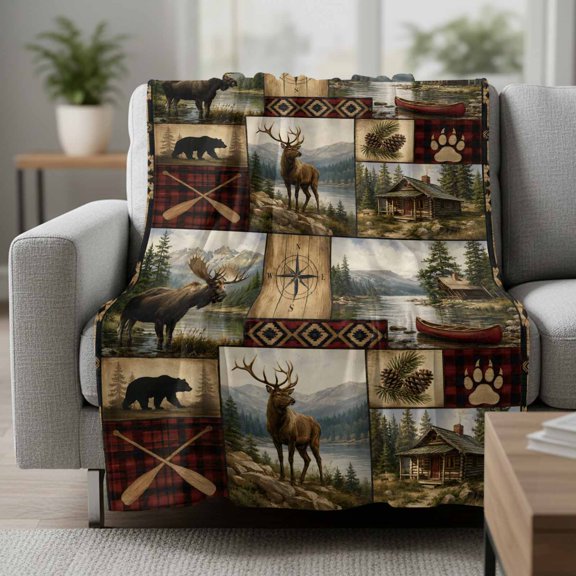 Throw Blanket Vintage Patchwork Blankets,Soft Cozy Warm Flannel Throw Blanket,Forest Elk Bear Blanket for Bed Couch Sofa 40x50in