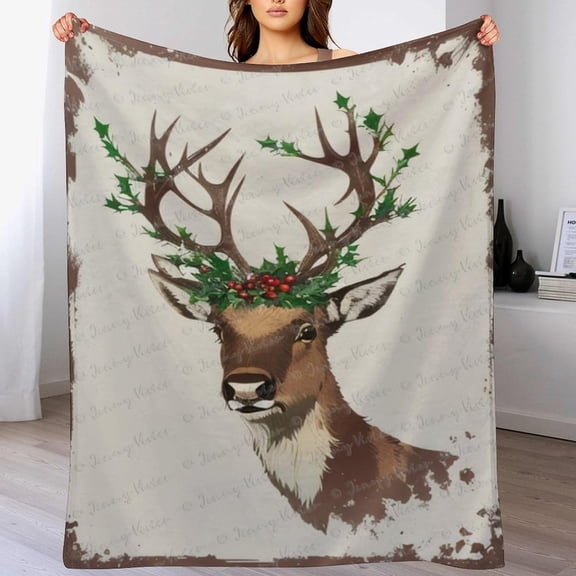 Throw Blanket, Warm Cozy Soft Throw Blankets for Couch, Bed, SofaReversible Fluffy Plush Flannel Blankets and Throws, Moose with Holly Crown Woodland Animal Christmas Decor 80 x 70 in