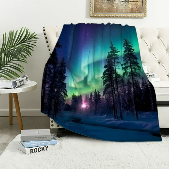 COMIO Throw Blanket Warm Fuzzy Plush Blanket Flannel Bed Blanket Northern Lights (Aurora Borealis) Snow Forest Lightweight Blanket Throw for Sofa Bed Couch Colorful