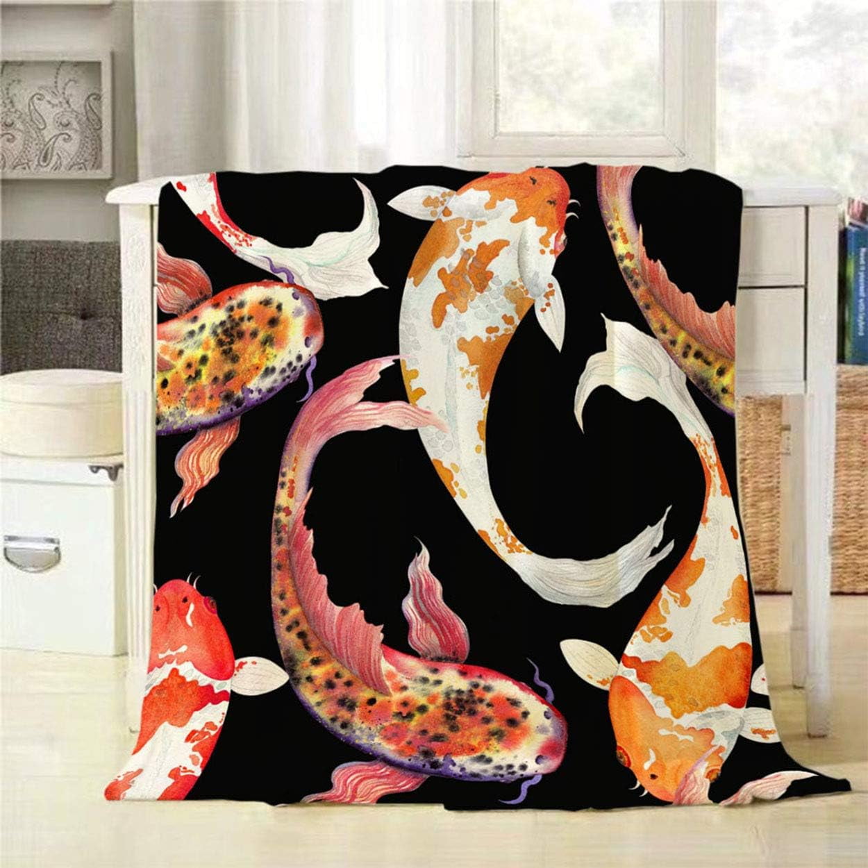 Throw Blanket Watercolor Japanese Fish Carp Koi Seamless Pattern Swimming Decorative Soft Warm