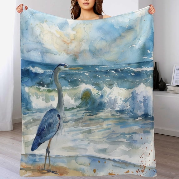Throw Blanket Watercolor Painting Blue Heron Beach Sea Wave Plush And Warm Fleece Blanket Vintage Blue Heron Oil Painting Flannel Blanket for Bed Sofa Couch for Adults Teens Kids 50"x60"