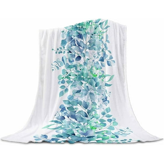 Throw Blanket Watercolor Plants Eucalyptus Leaves Teal Soft Flannel Blanket Warm Fleece Lap Blanket For Couch, Sofa, Bed Lightweight Bed Blanket 60" x 80"