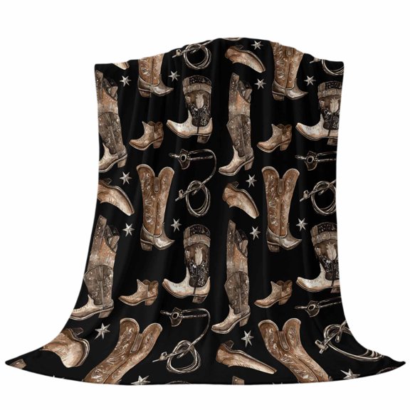 Throw Blanket Western Cowboy Boots,Warm Soft Lightweight Flannel Fleece Blankets Farm Vintage Shoes on Black,Microfiber Throws for Bed Sofa Couch Camping All Seasons Use 30x40In
