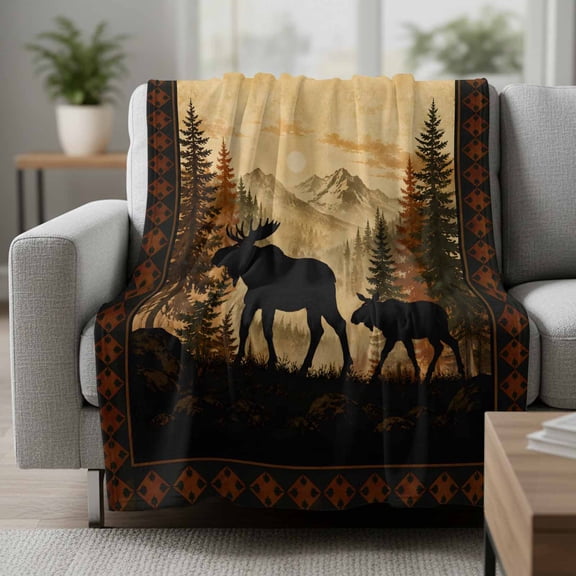 Throw Blanket Wilderness Moose Silhouette Blankets,Soft Cozy Warm Flannel Throw Blanket,Pine Tree Mountain Sun Blanket for Bed Couch Sofa 40x50in
