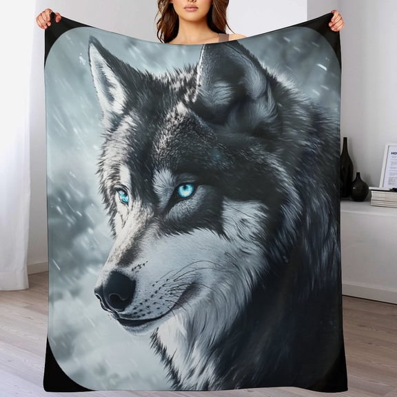 Throw Blanket Wolf with Blue Eyes Blankets And Throws Wild Grey Wolf Blue Eyes Adventure Plush Flannel Blanket for Couch Bed for Kids Family And Friends Adults 60"x80"