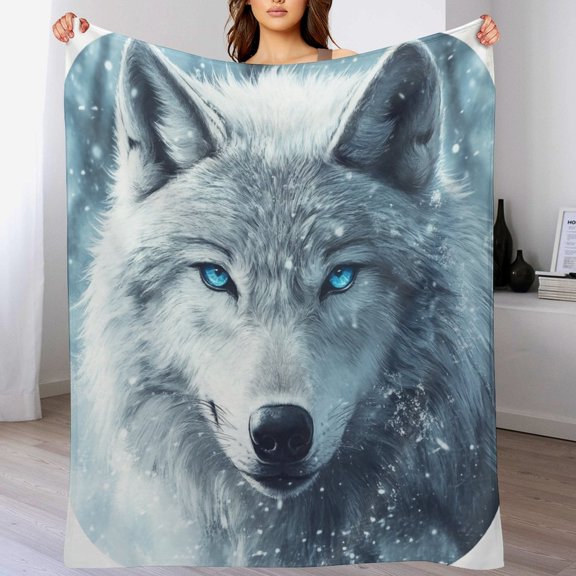 Throw Blanket Wolf with Blue Eyes Velvet Flannel Blanket Wolf Animals Art Plush Flannel Blanket for Winter Bedding Couch And Gift for Adults Teens Kids 60"x80"