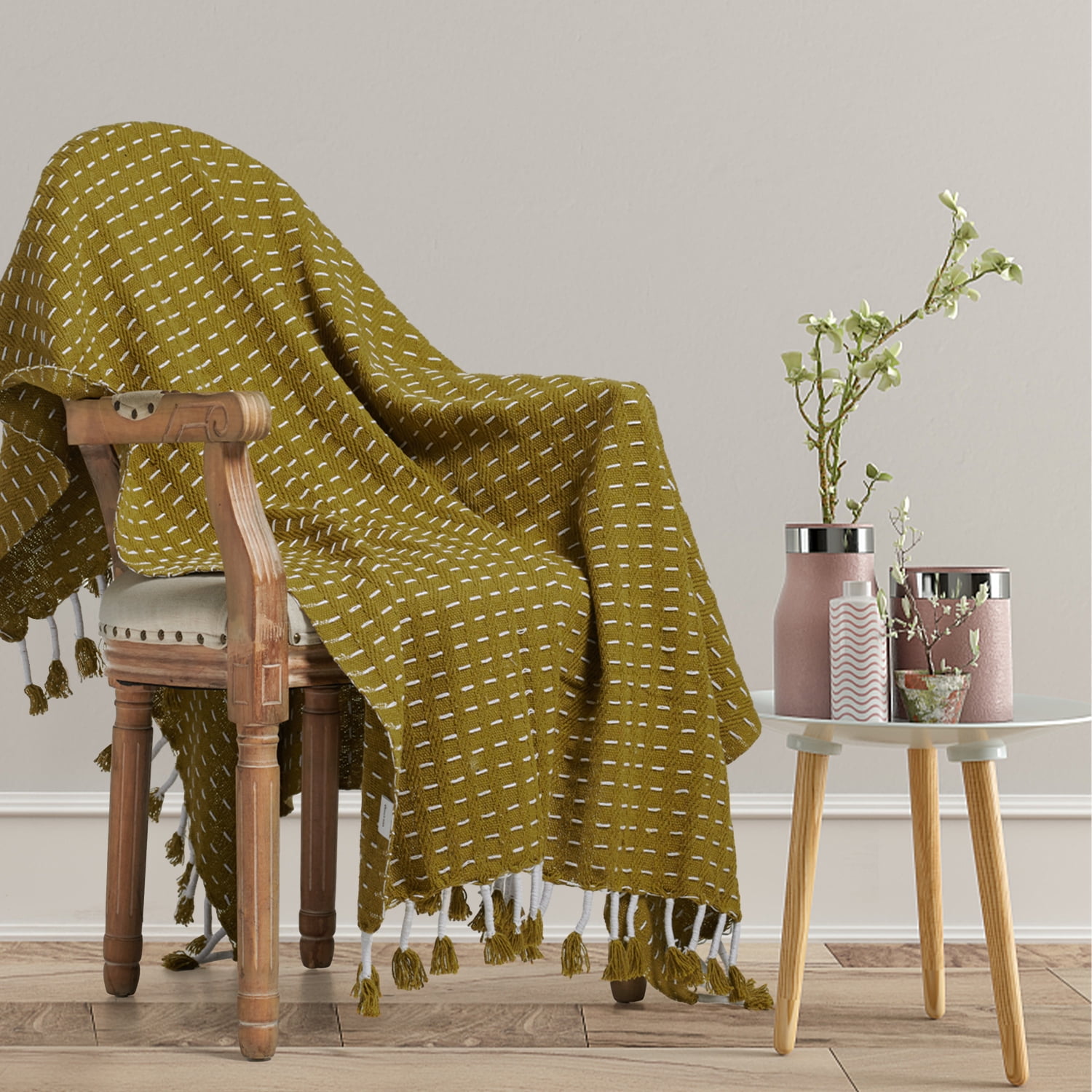 Throw Blanket, Yellow Green Throw Blankets, 100% Cotton ,BOHO Decorative for Bed Couch , Knitted White Striped Cozy Soft Bohemian Blankets with Tassels for Bed Chair, Living Room 50 x 60 inch