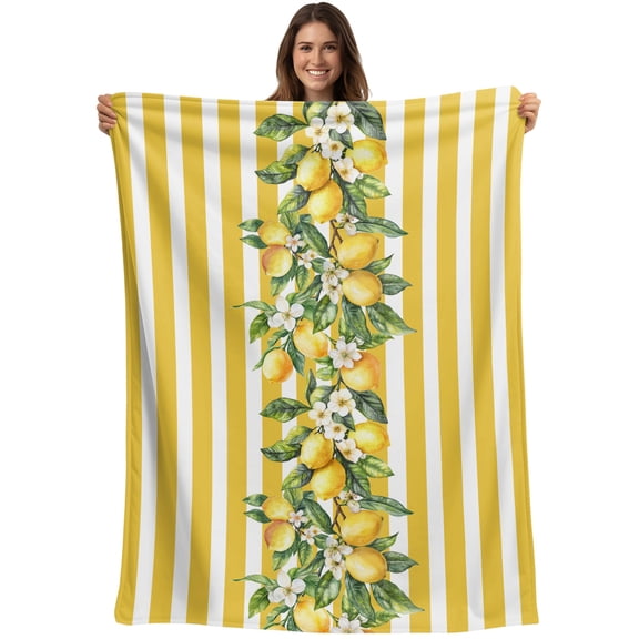 Throw Blanket Yellow Lemon Stripes Blankets and Throws, Floral Fruit Leaves Blanket for Couch Bed Sofa Chair, Soft Cozy Warm Flannel Fleece Blankets for All Season Home Decor 40x50 Inch