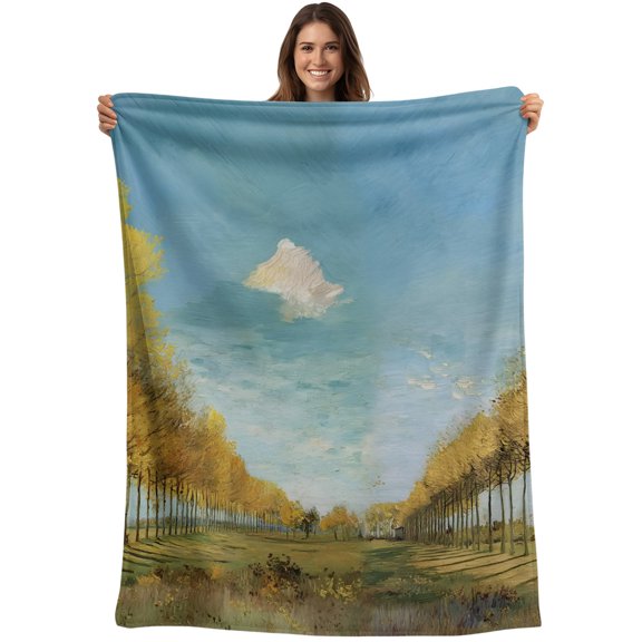 Throw Blanket Yellow Tree Lined Path Blankets and Throws, Blue Sky Oil Painting Blanket for Couch Bed Sofa Chair, Soft Cozy Warm Flannel Fleece Blankets for All Season Home Decor 50x60 Inch