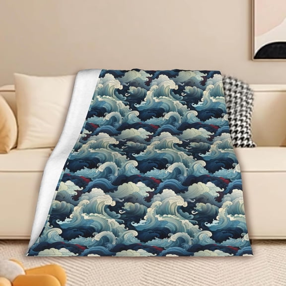 Throw Blanket for Couch,Japanese Sea Wave Flannel Blanket for Unisex,Lightweight Soft Blankets Throw for Girls Kids Adults Couch 50x60 inches