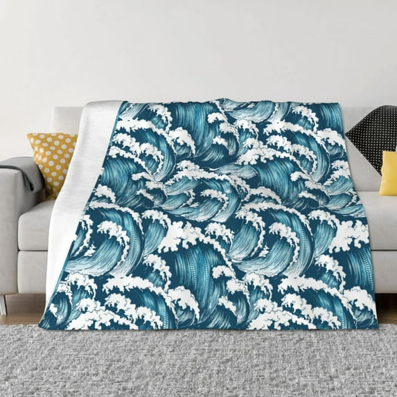 Throw Blanket for Couch Sofa and Bed, Ocean Waves Soft Plush Throw Blanket, Fuzzy Cuteness Comfy Warm Washable Flannel Blanket Throws for All Season