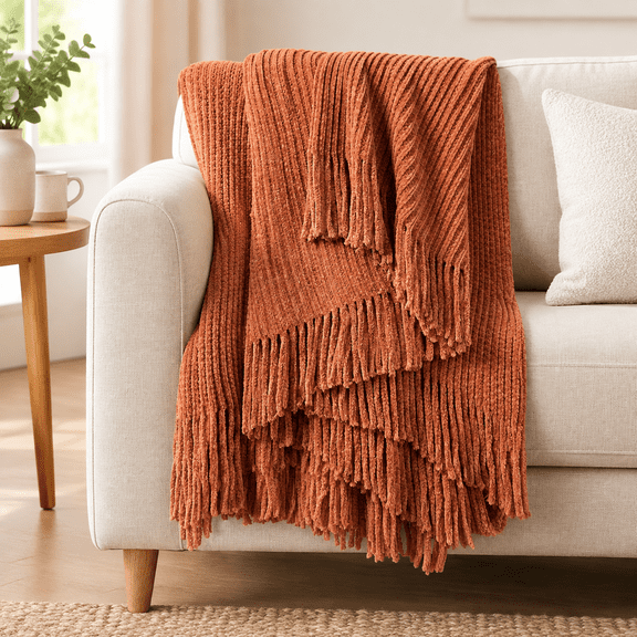 Throw Blanket for Couch, Soft Boho Bed Throw, Cozy Burnt Orange Chenille Knitted Small Spring Lightweight Throw(Rust,50 * 60")