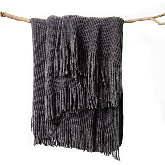 Throw Blanket for Couch, Soft Boho Decor Bed Throw,Cozy Grey Knitted Chenille Small Farmhouse Lightweight Throw (Dark Grey,60 * 80")