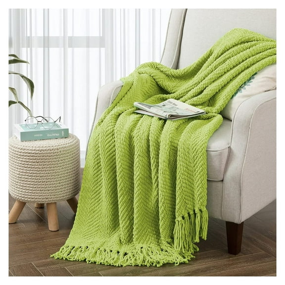 Throw Blanket for Couch Soft Knitted Textured Couch Cover Tweed Blanket with Fringe Tassel for Home Décor Bed Sofa Chair, 60" x 80", Lime Green