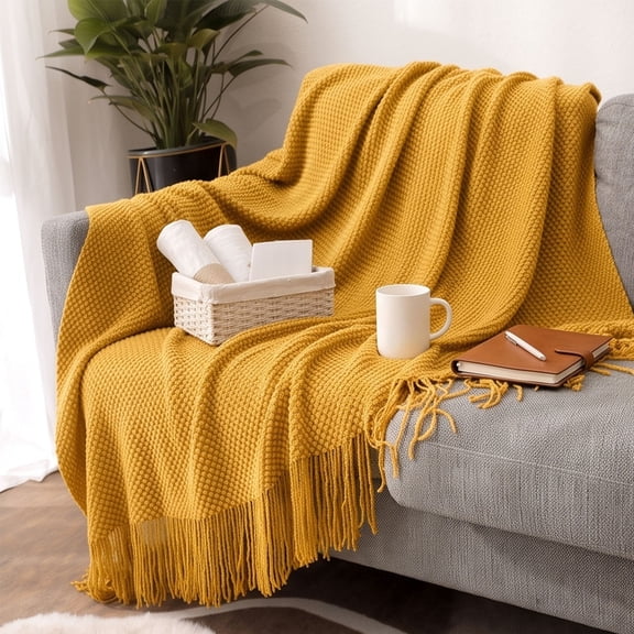 Throw Blanket for Couch Soft Knitted Textured Couch Cover Tweed Blanket with Fringe Tassel for Home Décor Bed Sofa Chair