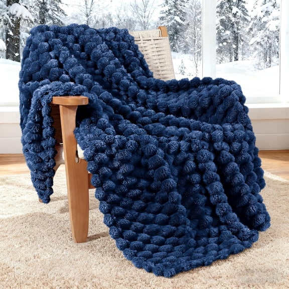 Navy Blue Jacquard Throw Blanket 50x60 inch, Fuzzy Soft Cozy Couch Bed Blanket for All Seasons, Warm Fluffy Decorative Accent