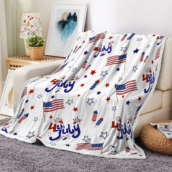 Throw Blankets, 4th of July Throws, American Stars on Red White Luxury Ultra Soft Flannel Bed Blanket Color Block USA Flag Cozy Warm Fleece Cover for Sofa Couch Chair
