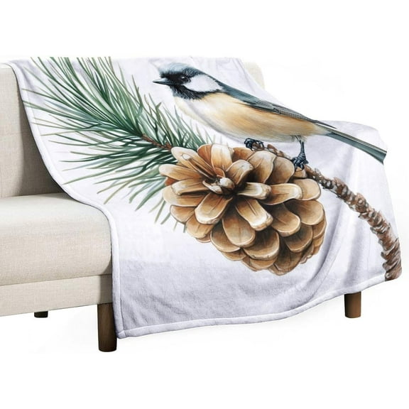 Throw Blankets Chickadee Bird with Pine Cone Warm Plush Fleece Blanket 30"50" Bird Lover Gifts Super Soft Flannel Bedding for Couch Bed Sofa Luxurious Machine Washable Easy Care Blankets
