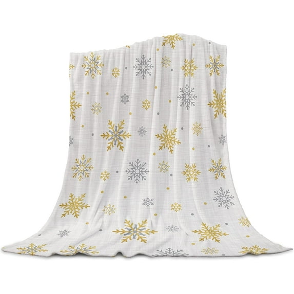 Throw Blankets, Christmas Winter Snow Flannel Fleece Blanket Luxury Soft Bed Blanket, Gold Silver Snowflake Vintage Linen Fuzzy Cozy Warm Fleece TV Blanket for Sofa Couch Chair 40 x 50 inches
