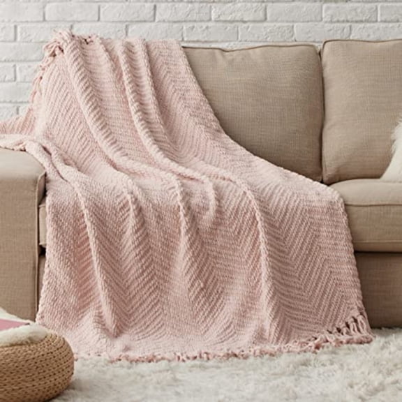 Throw Blankets for Couch - Textured Knit Woven Chenille Blanket - Super Soft Warm Decorative Boho Throw with Tassels for Bed Sofa and Living Room Pink 50x60 Inches