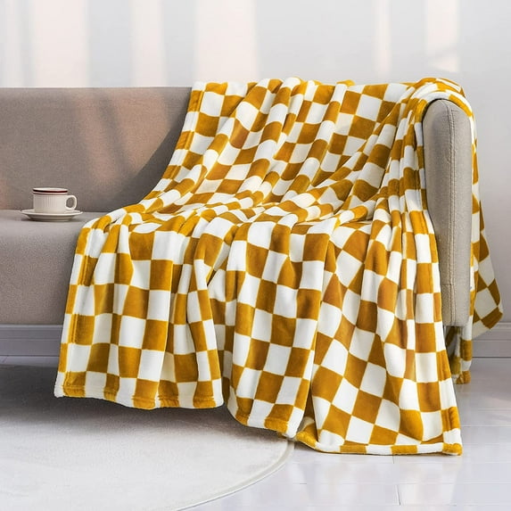 Throw Blankets Flannel Blanket with Checkerboard Grid Pattern Soft Throw Blanket for Couch, Bed, Sofa Luxurious Warm and Cozy for All Seasons (Yellow, ) Yellow