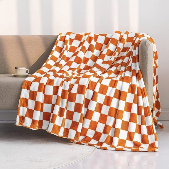Throw Blankets Flannel Blanket with Checkerboard Grid Pattern Soft Throw Blanket for Couch, Bed, Sofa Luxurious Warm and Cozy for All Seasons (Orange, 90"x90")