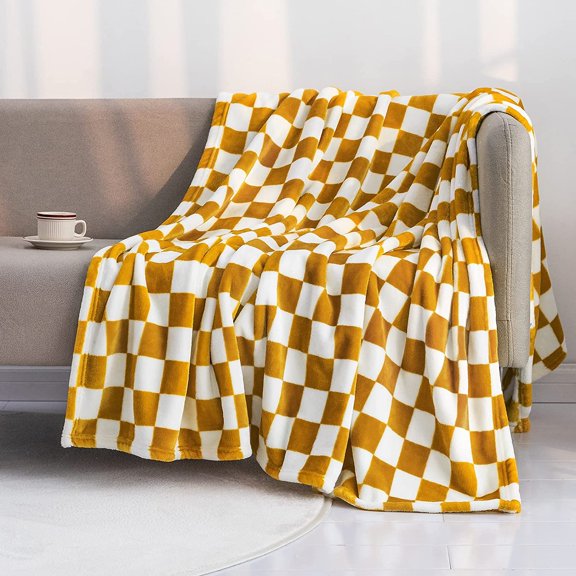 Throw Blankets Flannel Blanket with Checkerboard Grid Pattern Soft Throw Blanket for Couch, Bed, Sofa Luxurious Warm and Cozy for All Seasons (Yellow, 51"x63")