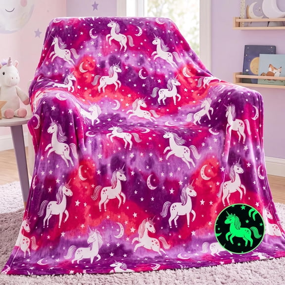 Joyfy Glow in The Dark Blanket Gifts for Girls Boys 50" x 60" Soft Cozy Flannel Kids Throw Blanket - Gradient Unicorn
