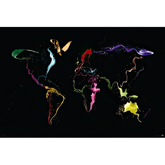 Throw Paint Map Of The World - 7 Color Special Ink Textured Art Poster / Print (World Map) (Poster & Poster Strip Set)