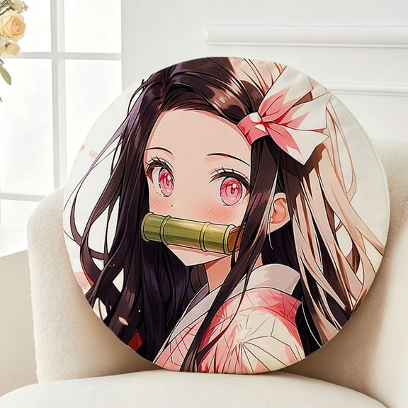 Throw Pillow Anime Demon Corps Slayer Nezuko Plush Decor Gift Decorative Fluffy Stuffy Round Birthday 13.8in