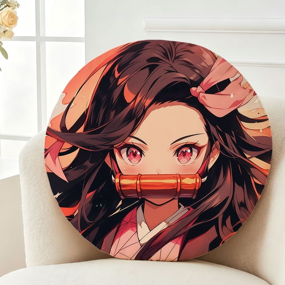 Throw Pillow Anime Demon Corps Slayer Nezuko Plush Decor Gift Decorative Fluffy Stuffy Round Birthday 13.8in